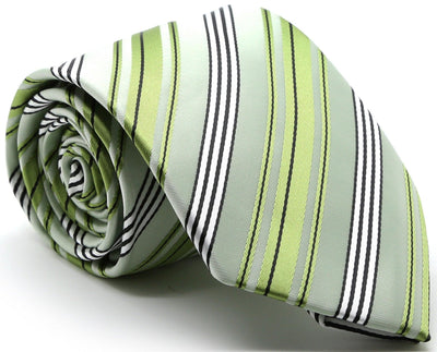 Mens Dads Classic Green Striped Pattern Business Casual Necktie & Hanky Set D-11 - Ferrecci USA 