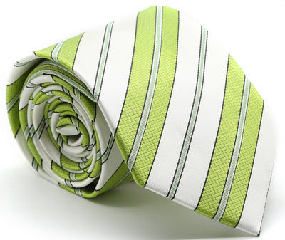 Mens Dads Classic Green Striped Pattern Business Casual Necktie & Hanky Set F-9 - Ferrecci USA 