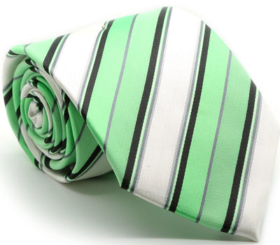 Mens Dads Classic Green Striped Pattern Business Casual Necktie & Hanky Set U-6 - Ferrecci USA 