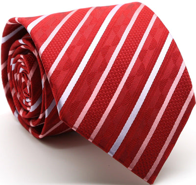 Mens Dads Classic Red Striped Pattern Business Casual Necktie & Hanky Set X-7 - Ferrecci USA 