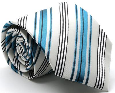Mens Dads Classic Turquoise Striped Pattern Business Casual Necktie & Hanky Set D-9 - Ferrecci USA 