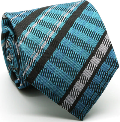 Mens Dads Classic Turquoise Striped Pattern Business Casual Necktie & Hanky Set VO-5 - Ferrecci USA 