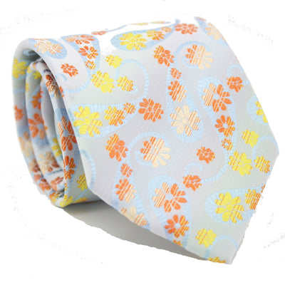 Mens Dads Classic Yellow Floral Pattern Business Casual Necktie & Hanky Set DF-2 - Ferrecci USA 