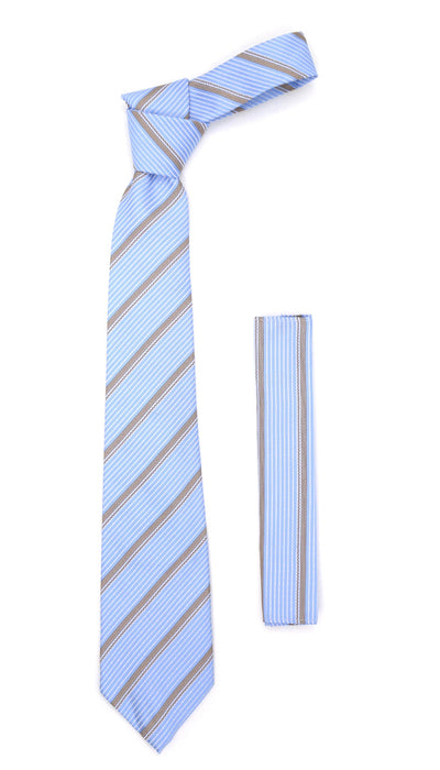 Microfiber Baby Blue Striped Tie and Hankie Set - Ferrecci USA 