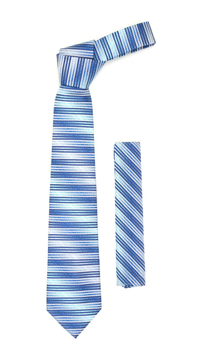 Microfiber Blue Silver Striped Tie and Hankie Set - Ferrecci USA 