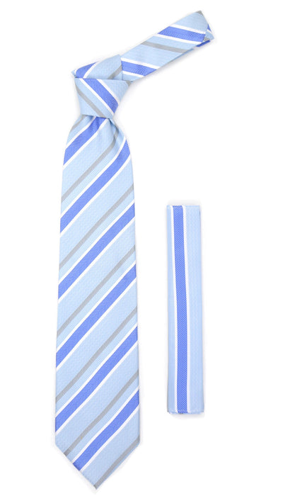 Microfiber Sky Blue Grey Striped Tie and Hankie Set - Ferrecci USA 