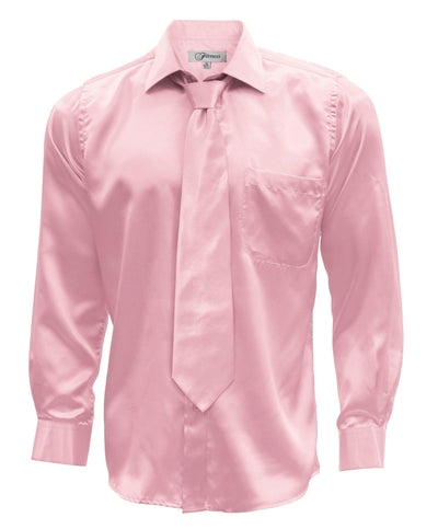 Pink Satin Regular Fit French Cuff Dress Shirt, Tie & Hanky Set - Ferrecci USA 