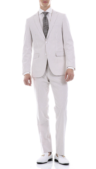 Premium Comfort Cotton Slim Fit Tan Seersucker 2 Piece Suit - Ferrecci USA 