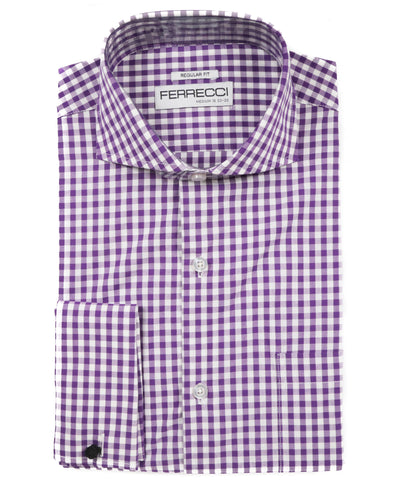 Purple Gingham Check French Cuff Dress Shirt - Regular Fit - Ferrecci USA 