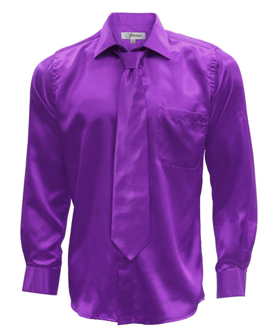 Purple Satin Men's Regular Fit Shirt, Tie & Hanky Set - Ferrecci USA 