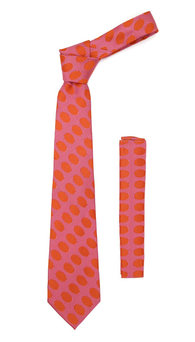 Red Orange Polkadot Stripe Necktie with Handkerchief Set - Ferrecci USA 