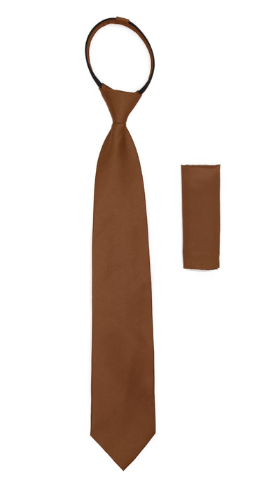 Satine Brown Zipper Tie with Hankie Set - Ferrecci USA 