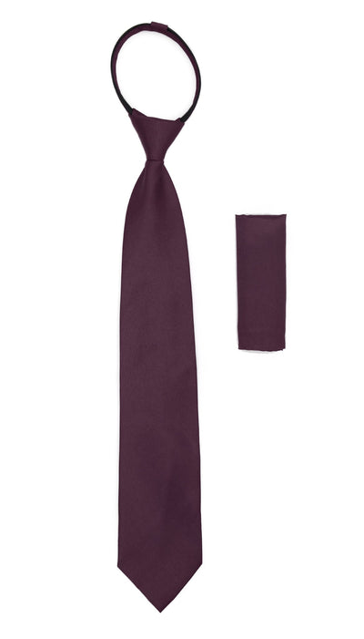 Satine Plum Zipper Tie with Hankie Set - Ferrecci USA 