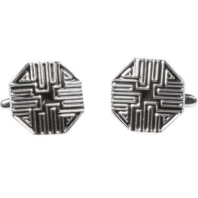 Silvertone Silver Geometric Pattern Cufflinks with Jewelry Box - Ferrecci USA 