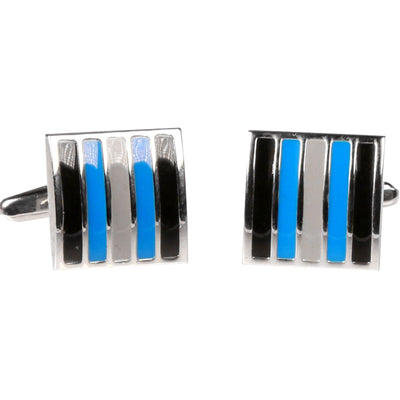 Silvertone Square Blue Stripe Cufflinks with Jewelry Box - Ferrecci USA 