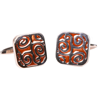 Silvertone Square Orange Geometric Pattern Cufflinks with Jewelry Box - Ferrecci USA 