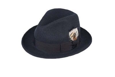 Trilby Soft 100% Australian Wool Felt Body With Removable Feather Fully Crushable Navy Blue Hat Great For Travel. - Ferrecci USA 