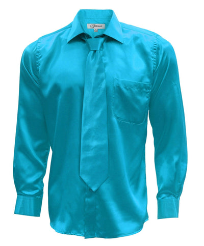 Turquoise Satin Regular Fit Dress Shirt, Tie & Hanky Set - Ferrecci USA 