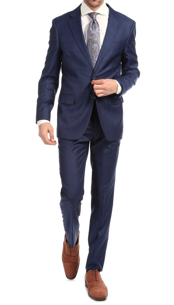 Yves Blue Plaid Check Men's Premium 2 Piece Wool Slim Fit Suit