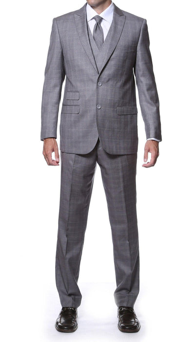 Zillo Grey 3 Piece Vested Slim Fit Plaid Suit - Ferrecci USA 