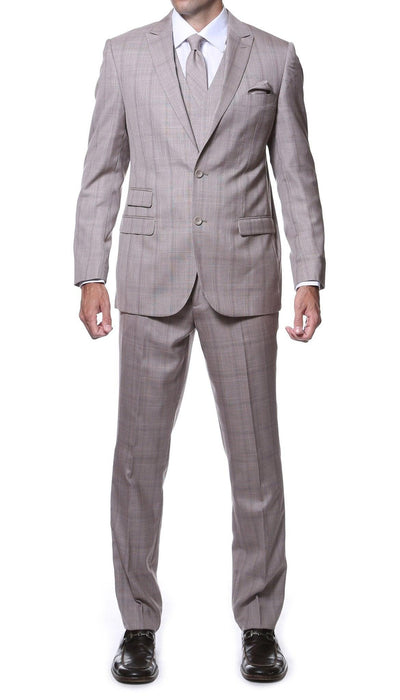 Zillo Sierra Tan 3 Piece Vested Slim Fit Plaid Suit - Ferrecci USA 