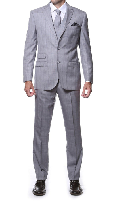 Zillo Silver Grey 3 Piece Vested Slim Fit Plaid Suit - Ferrecci USA 